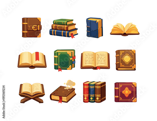 Antique Book Icons. Antique Books. Colorful flat vector icons set of Antique Books: leather bound book, stacked old books, cracked spine book, gilded pages,