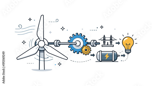 Wind turbine mechanics. Abstract representation of turbine blades connected to simple technical elements, showing how wind power works.