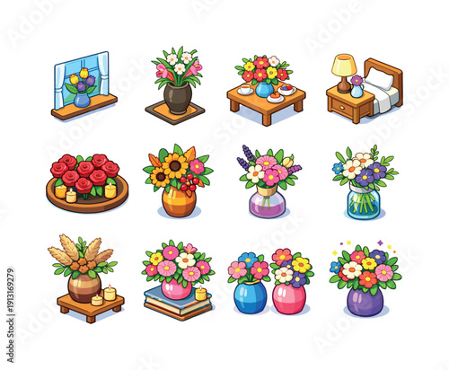 Vibrant Floral Icons. Floral decor. Colorful isometric vector icons set of floral decor: vase on window sill, entryway flower vase, kitchen table flowers,