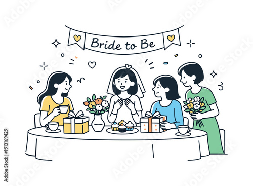 Image Generation. Holding a bridal shower. A small group gathers around a decorated table celebrating a bride-to-be with gifts and flowers. Warm, joyful mood