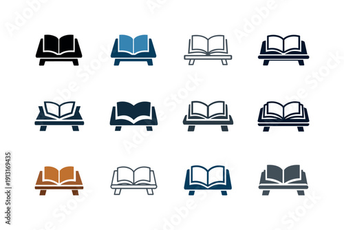 Study materials and books on desks. Icon set. Set Logo of study materials and books on desks: open book on desk. harmonious logo variations