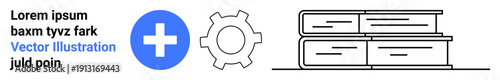 Circular blue plus sign, gear symbol, and stack of books. Ideal for healthcare, education, learning, knowledge, technology, innovation simple landing page