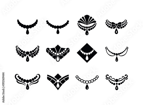 Old Hollywood glamour. Icon set. Set Logo of old Hollywood glamour: pearl necklace emblem. harmonious logo variations of the same emblematic