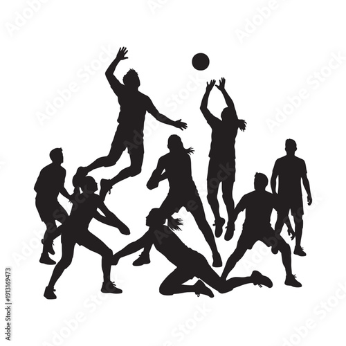 Set of handball player silhouettes throwing ball and jumping vector illustration.
