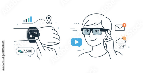 Smart wearable technology. A futuristic watch and glasses shown in use, with gentle data indicators floating nearby. The mood highlights