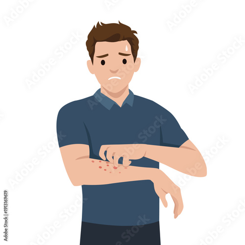 Man Scratching Itchy Skin Rash on Arm, Allergy and Dermatitis. Flat vector illustration isolated on white background
