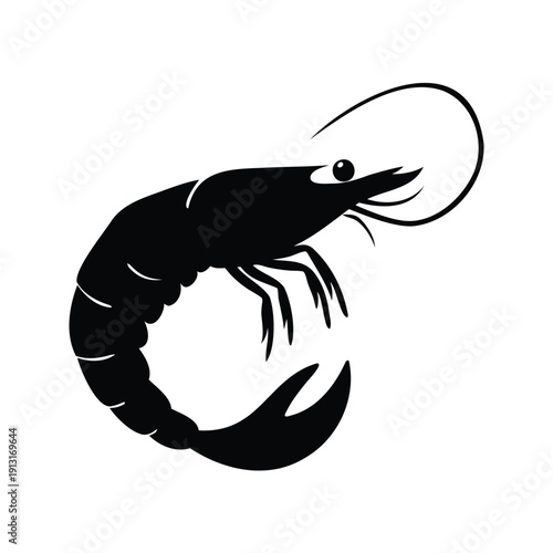 Black and white shrimp with long antennae and tail fin silhouette vector illustration, shrimp silhouette vector illustration