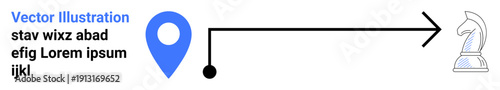 Business planning, navigation strategy, goal achievement, decision-making, competitive analysis, strategic thinking. A geolocation marker connected to a chess knight symbol by an arrow. Navigation