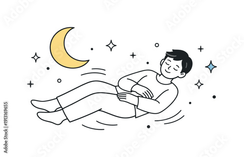 Drifting into sleep. A figure gently floating or resting with eyes closed, surrounded by moon and stars, symbolizing deep rest. Dreamy yet
