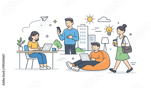 Flat cartoon style illustration. A modern city or workspace scene simplified into friendly cartoon forms. Clear composition focused on mood,