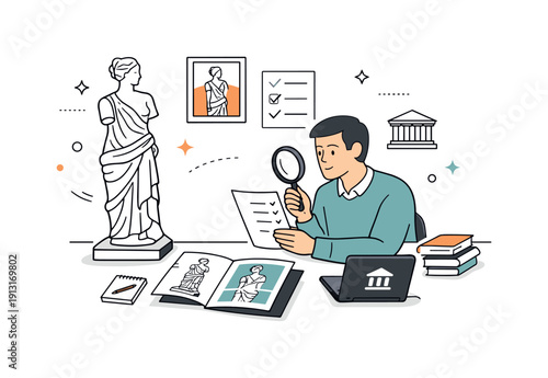 Art Appraisal Process. Fine art evaluation process. An appraiser comparing a sculpture with documents and reference photos, thoughtful and precise workflow.