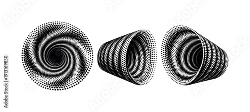 Halftone dotted swirl tunnel form with deep rotational perspective shown from front view, side view, and three-quarter view as a single