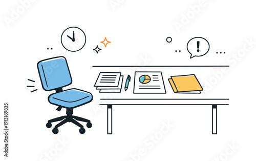 Empty Workplace Chair. Chair slightly pulled back in workplace. An empty chair angled away from a meeting table, documents neatly arranged but untouched. The