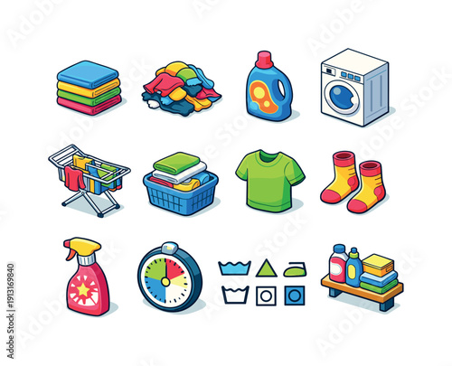 Image Generation. Laundry Day. Colorful isometric vector icons set of Laundry Day: folded clothes stack, dirty laundry pile, detergent bottle, washing machine,