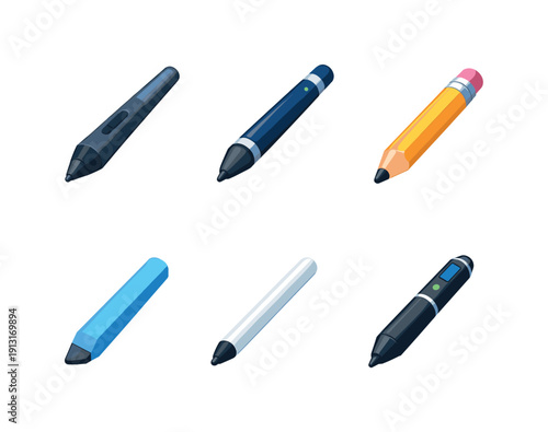 Digital pen. Isometric flat vector icons set of digital pen: pressure-sensitive stylus, rechargeable stylus pen, pencil-style stylus,