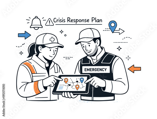 Crisis management planning. Emergency leaders reviewing a response plan on a tablet, pointing at key locations. Thoughtful coordination mood