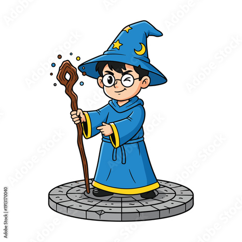 Cute cartoon boy wizard character holding magic staff in blue robe vector illustration.