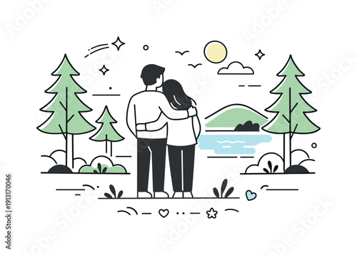 Couples in nature (beach, forest, mountains). A serene forest scene showing a couple standing among tall trees, enjoying a quiet moment