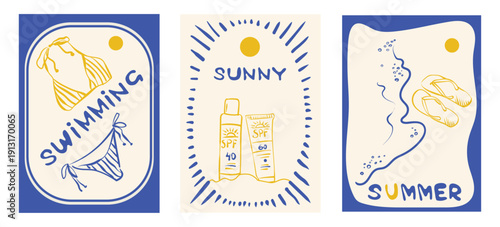 Summer Vintage Line Art Posters Set with Beach and Vacation Elements. Hand drawn sketch of a swimsuit, sunscreen SPF and flip flops. A whimsical vector illustration.