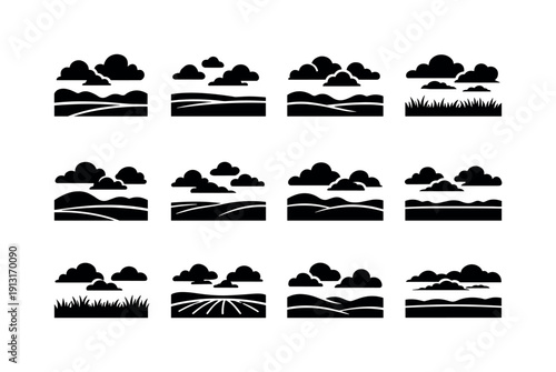 Clouds Over Field. Solid icon set of Clouds Over Field: cloudy sky, open field, rolling hills, horizon line, drifting clouds, grass meadow,