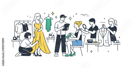 Backstage before the show. Designers and models calmly preparing outfits, checking details and accessories. Organized fashion workflow, quiet