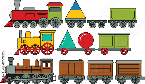 Colorful toy train cartoon icon set, locomotive wagon railway collection pack, flat vector illustration design, isolated white background