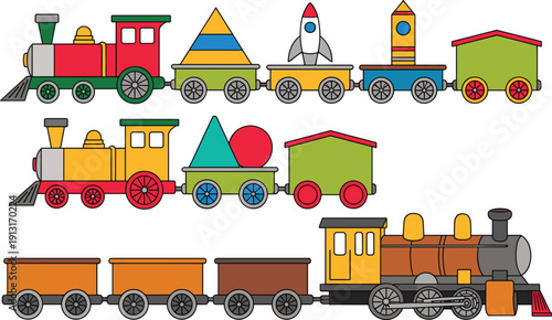 Cartoon toy train flat icon set, colorful locomotive wagon collection pack, vector illustration design set, isolated white background