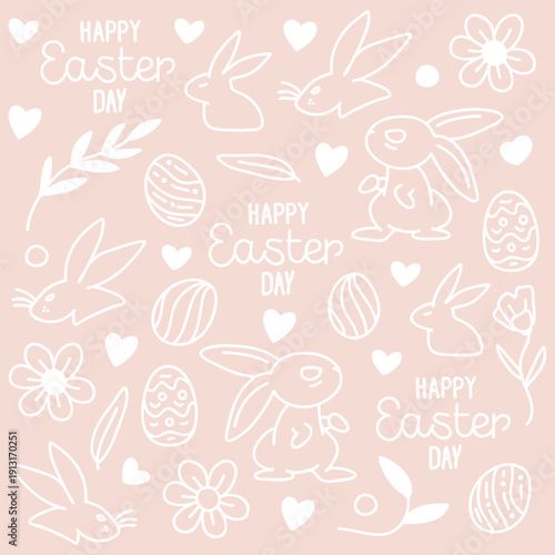 Seamless pattern drawing featuring white line art bunny, decorated eggs, hearts, and flowers on a soft beige background.
