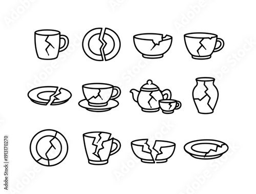Image Generation. Broken Kitchenware. Line icon set of Broken Kitchenware: cracked mug, broken plate, chipped bowl, fractured cup, damaged saucer, cracked