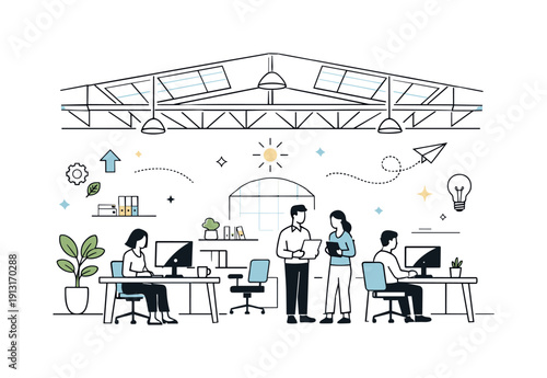 Industrial to Office Transformation. Factory to office reuse. A former industrial hall reimagined as a modern office with desks arranged under high ceilings