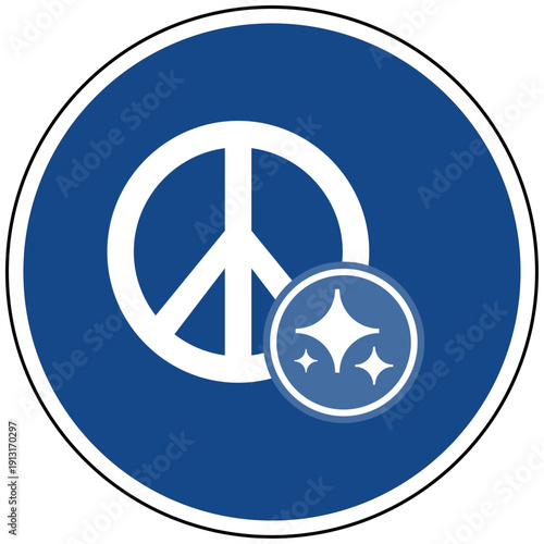 Friedenssymbol auf blauem Schild mit KI Sparkles Icon Grafik Illustration Vektor Künstliche Intelligenz für Frieden Diplomatie und Ethik Konzept Design