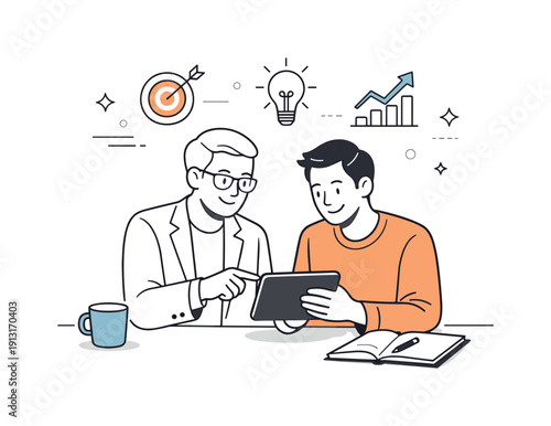 Image Generation. Business coaching and mentoring for entrepreneurs. A mentor and entrepreneur sitting together reviewing goals on a tablet. The scene conveys