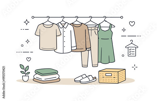 Minimalist lifestyle and decluttering trends. Wardrobe scene with a few neutral clothes neatly spaced on hangers. Sense of simplicity,