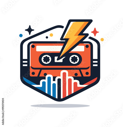 Music culture and youth movements symbolized by a bold badge-style composition with a cassette, lightning bolt and rhythm lines combined into
