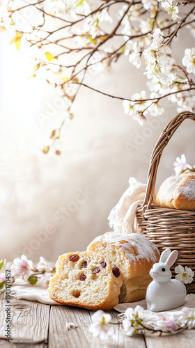 Spring Easter bread with raisins, wicker basket, blossom branches and bunny on rustic wooden table.