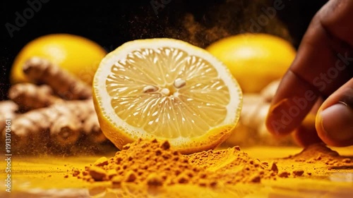 Hand picking turmeric powder with fresh lemon and ginger root ingredients