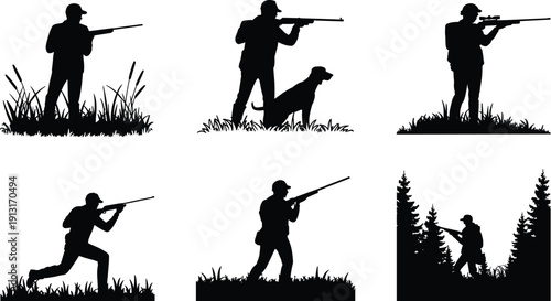 Hunter with rifle silhouettes set, outdoor hunting activity in grass and forest, wildlife adventure concept vector, isolated background