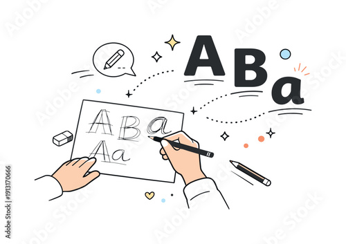 Creative lettering process. A person sketching letter shapes on paper while refined digital letters float nearby. The scene shows the