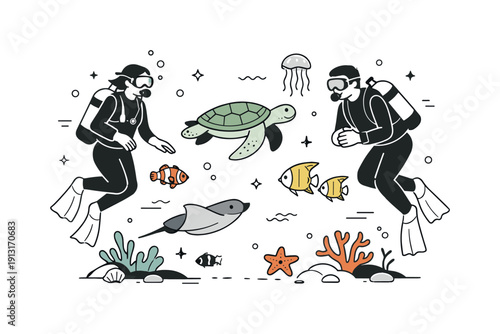 Underwater human presence. Divers floating calmly among sea creatures, balanced composition showing coexistence, exploration, and respect for