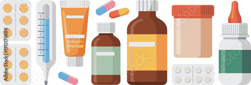 Medicine and pharmaceutical flat icon set, pills bottles thermometer healthcare collection pack, vector illustration design, isolated white background