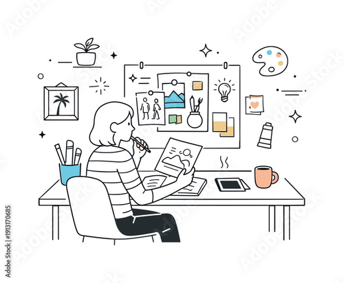 Designing a home art studio. An artist planning their creative corner at home, reviewing sketches and mood boards at a simple desk. The scene