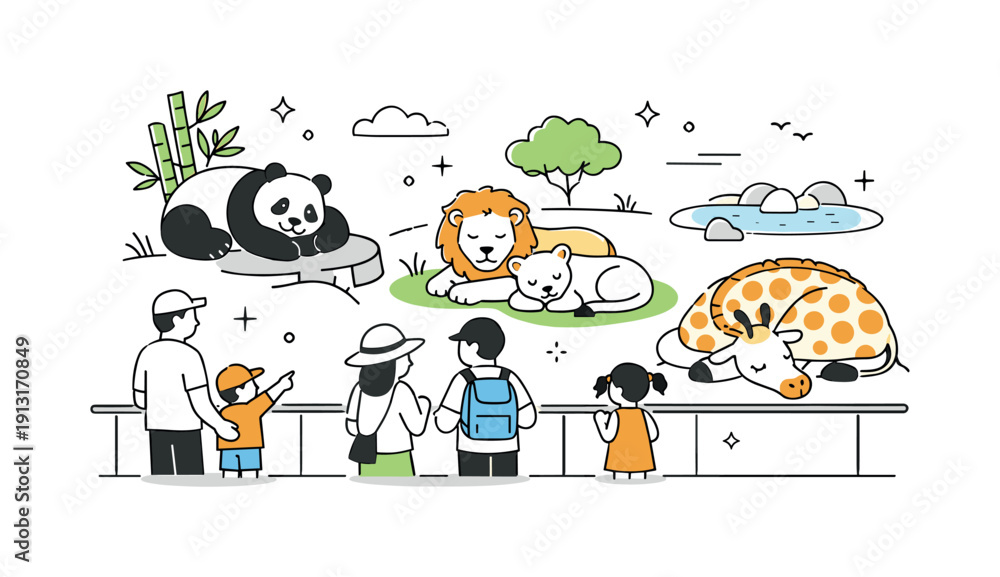 Fototapeta premium Coexistence in Harmony. Animal interactions in zoos and wildlife parks. Animals resting calmly while visitors watch from a respectful distance. Balanced scene