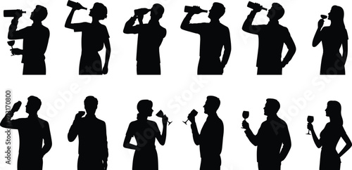 People drinking wine silhouettes collection, men and women holding bottle and glass, celebration lifestyle concept vector, isolated background