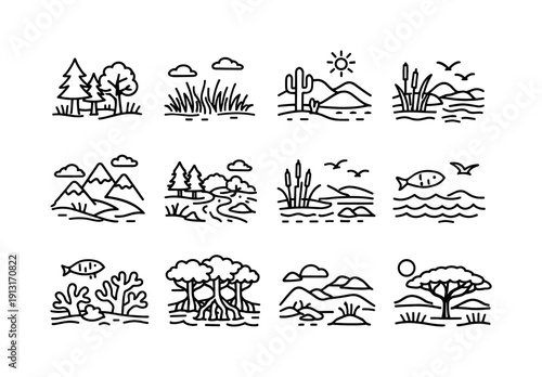Natural Habitat Icons. Natural habitats. Line icon set of Natural habitats: forest habitat, grassland habitat, desert habitat, wetland habitat, mountain