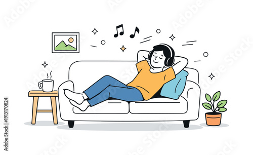 Image Generation. Listening to your favorite music at home. A person relaxing on a sofa with headphones on, eyes closed, calm and cozy mood.