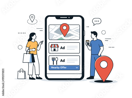 Geo-Targeted Mobile Ads. Localized campaigns ? geo-targeted mobile ads. A modern scene with a smartphone displaying location-based ads and a map pin,
