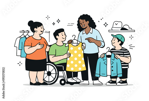 Inclusive fashion concept. Different-sized characters browsing clothes together, calmly interacting and exchanging opinions. The illustration