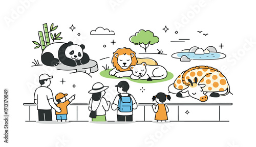 Coexistence in Harmony. Animal interactions in zoos and wildlife parks. Animals resting calmly while visitors watch from a respectful distance. Balanced scene