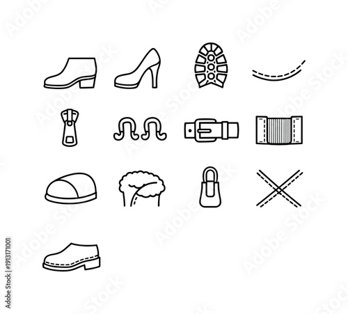 Boot Details. Line icon set of Boot Details: boot heel types, outsole tread, stitching line, zipper pull, lace hooks, buckle clasp, elastic
