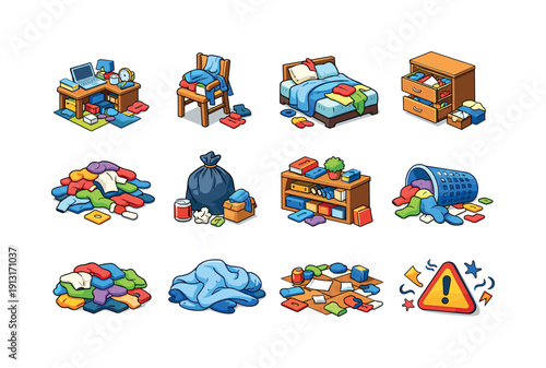 Household mess. Colorful isometric vector icons set of Household mess: cluttered room, clothes on chair, messy bed, open drawers, scattered